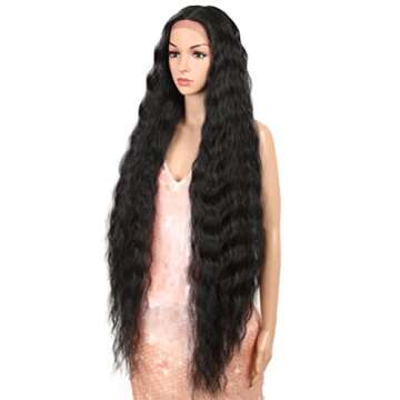 Style Icon 41” Lace Front Wigs Long Wavy Synthetic Wigs with Baby Hair Half Hand Tied 130% Density Wigs (41", 1B)