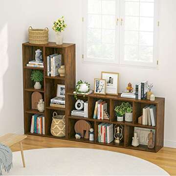 Aheaplus Bookcase Storage Shelves 7-Cube Organizer Bookshelf Display Cube Shelves Compartments Floor Standing Wood Open Bookshelves for Home School Shelf Display for Cd/Magazine/Book, Rustic Brown