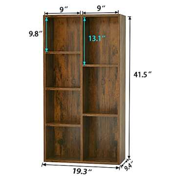 Aheaplus Bookcase Storage Shelves 7-Cube Organizer Bookshelf Display Cube Shelves Compartments Floor Standing Wood Open Bookshelves for Home School Shelf Display for Cd/Magazine/Book, Rustic Brown