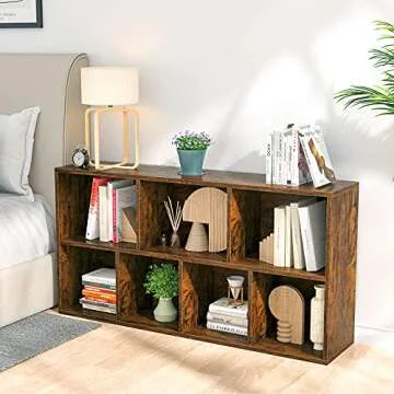 Aheaplus Bookcase Storage Shelves 7-Cube Organizer Bookshelf Display Cube Shelves Compartments Floor Standing Wood Open Bookshelves for Home School Shelf Display for Cd/Magazine/Book, Rustic Brown