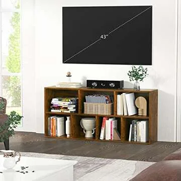 Aheaplus Bookcase Storage Shelves 7-Cube Organizer Bookshelf Display Cube Shelves Compartments Floor Standing Wood Open Bookshelves for Home School Shelf Display for Cd/Magazine/Book, Rustic Brown