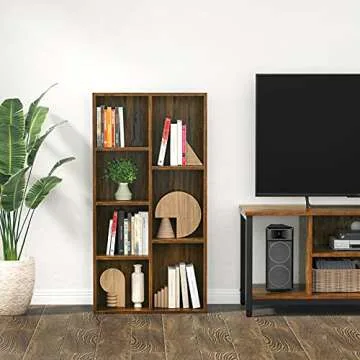 Aheaplus Bookcase Storage Shelves 7-Cube Organizer Bookshelf Display Cube Shelves Compartments Floor Standing Wood Open Bookshelves for Home School Shelf Display for Cd/Magazine/Book, Rustic Brown