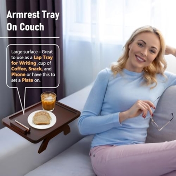 SINWANT Couch Arm Tray, Sofa Arm Tray with 360° Rotating Phone Holder,Couch Arm Table,Sofa Armrest Tray for Eating,Drinks,Snacks, Remote Control