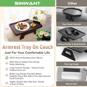 SINWANT Couch Arm Tray, Sofa Arm Tray with 360° Rotating Phone Holder,Couch Arm Table,Sofa Armrest Tray for Eating,Drinks,Snacks, Remote Control