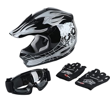 DOT Youth Kids Motocross Offroad Dirt Bike Helmet Set - Black Skull S