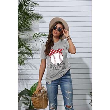 Baseball Shirt Women Busy Raising Ballers Shirt Funny Baseball Mom Short Sleeve Tee Top Grey