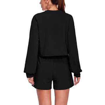 ELESOL Pajama Set for Women Lounge 2 Piece Sweatsuits Puff Top and Shorts Set with Pockets Black XL