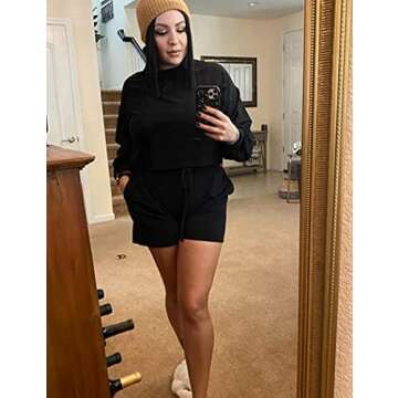 ELESOL Pajama Set for Women Lounge 2 Piece Sweatsuits Puff Top and Shorts Set with Pockets Black XL