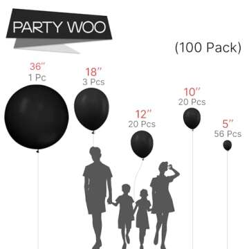 PartyWoo Black Balloons, 100 pcs Matte Black Balloons Different Sizes Pack of 36 Inch 18 Inch 12 Inc...