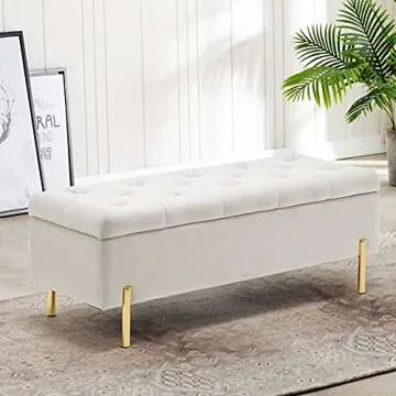 Apeaka Velvet Storage Bench Bedroom End of Bed Upholstered Tufted Settee Bench for Living Room Entryway Rectangular Storage Ottoman Bench Ivory