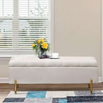 Apeaka Velvet Storage Bench Bedroom End of Bed Upholstered Tufted Settee Bench for Living Room Entryway Rectangular Storage Ottoman Bench Ivory