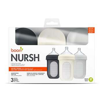 Boon Nursh Reusable Silicone Pouch Baby Bottles - Medium Flow Nipple - Silicone Baby Bottle Pouch and Nipple - Baby Feeding Essentials - Gray - 3-6 Months - 3 Count - 8 Ounce