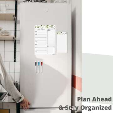 Magnetic Dry Erase Menu Board (Leaf Design) | Reusable Weekly Meal Planner Magnetic for Fridge | Meal Planning Calendar 10x14 Inch Includes 5x10 Inch Magnetic Notepad, 3 x Markers