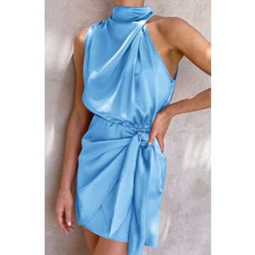 ZESICA Women's 2025 Fashion Satin Sleeveless Halter Neck Tie Waist Wrap Bodycon Cocktail Party Mini ...