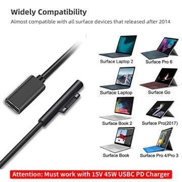 Sisyphy Surface to USB C Charging Cable, Compatible with Microsoft Surface Pro 7/6/5/4/3 Go3/2/1 Laptop 4/3/2/1, Requires 45W 15V/3A USB-C Charger