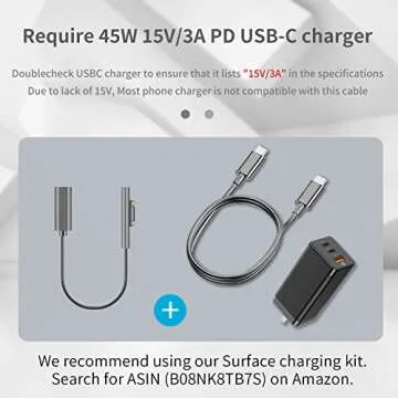 Sisyphy Surface to USB C Charging Cable, Compatible with Microsoft Surface Pro 7/6/5/4/3 Go3/2/1 Laptop 4/3/2/1, Requires 45W 15V/3A USB-C Charger
