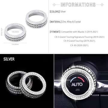 1797 Bling AC Volume Knob Covers Caps fit for Mazda 3 CX-5 CX-9 CX-30 Accessories Air Conditioner Radio Ring Parts Trim Sticker Decals Silver Crystal Pack of 2