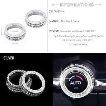 1797 Bling AC Volume Knob Covers Caps fit for Mazda 3 CX-5 CX-9 CX-30 Accessories Air Conditioner Radio Ring Parts Trim Sticker Decals Silver Crystal Pack of 2