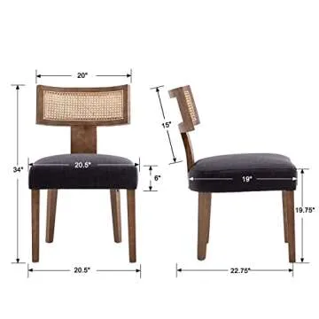 HNY Mid Century Modern Rattan Dining Chairs Set of 2, Farmhouse Linen Upholstered Accent Chair Curved Backrest Kitchen Chairs, with Hardwood Frame, Charcoal