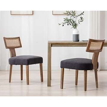 HNY Mid Century Modern Rattan Dining Chairs Set of 2, Farmhouse Linen Upholstered Accent Chair Curved Backrest Kitchen Chairs, with Hardwood Frame, Charcoal