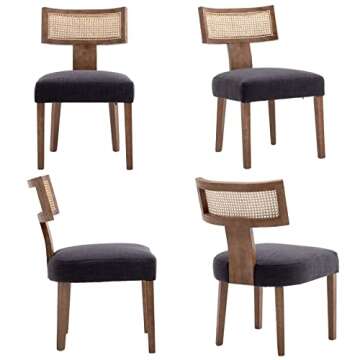 HNY Mid Century Modern Rattan Dining Chairs Set of 2, Farmhouse Linen Upholstered Accent Chair Curved Backrest Kitchen Chairs, with Hardwood Frame, Charcoal