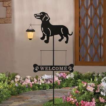 BAYN Solar Dachshund Silhouette Dog Breed Welcome Sign with a Lantern Outdoor Decorative Garden Stak...