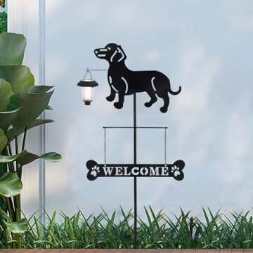 BAYN Solar Dachshund Silhouette Dog Breed Welcome Sign with a Lantern Outdoor Decorative Garden Stakes for Yard, Lawn, Patio, Pathway