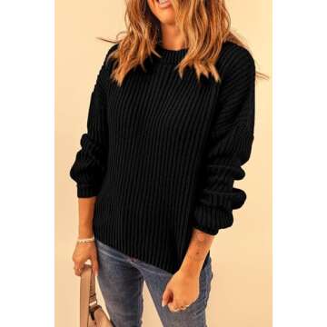 PRETTYGARDEN Women's Fashion Sweater Long Sleeve Casual Ribbed Knit Winter Clothes Pullover Sweaters Blouse Top (Black,X-Large)