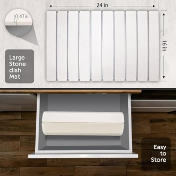 Large Stone Dish Drying Mats for Kitchen Counter, 24"(L)×16"(W) Quick Dry Collapsible Dish Drying Mat, Eco-Friendly Absorbent Diatomaceous Earth Mats for Dishes Bottles Cups, Match Any Countertop