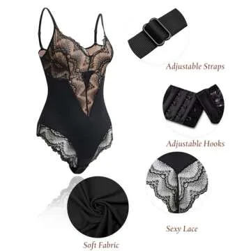 Werena Lace Tummy Control Shapewear Bodysuit for Women Slimming Body Shaper V Neck Sculpting Thong B...