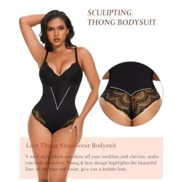 Werena Lace Tummy Control Shapewear Bodysuit for Women Slimming Body Shaper V Neck Sculpting Thong Bodysuit(A#02 Black(Sculpting),Small)