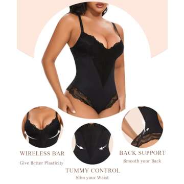 Werena Lace Tummy Control Shapewear Bodysuit for Women Slimming Body Shaper V Neck Sculpting Thong Bodysuit(A#02 Black(Sculpting),Small)