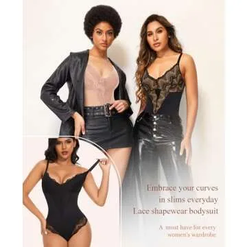 Werena Lace Tummy Control Shapewear Bodysuit for Women Slimming Body Shaper V Neck Sculpting Thong Bodysuit(A#02 Black(Sculpting),Small)