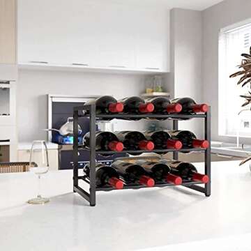 OROPY Wine Rack Countertop, 12 Bottle Wine Racks for Wine Bottles Storage Display, 3 Tier Metal Wine Holder Free Standing Floor Black