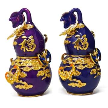 Fengshui Pair of Five Blessings Wu Lou Shaped Statue Blue and Purple for Good Luck Happiness Fortune...