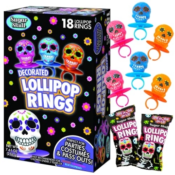 Halloween Day of the Dead Sugar Skull Lollipop Rings, 7.61 ounce, Box of 18