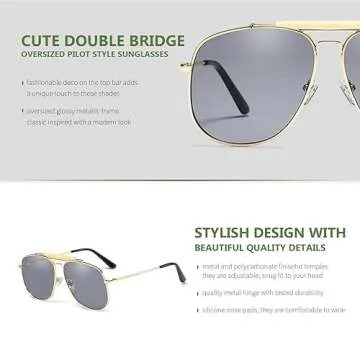 Freckles Mark Retro Sunglasses for Womens Mens Classic Double Bridge Aviator Sunglasses (Gold Frame/Grey Lens)