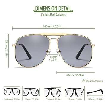 Freckles Mark Retro Sunglasses for Womens Mens Classic Double Bridge Aviator Sunglasses (Gold Frame/Grey Lens)