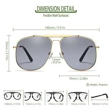 Freckles Mark Retro Sunglasses for Womens Mens Classic Double Bridge Aviator Sunglasses (Gold Frame/Grey Lens)