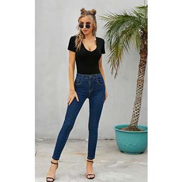 MANGDIUP Women's Short Sleevee Tops Basic V-Neck Leotard Bodysuit(Short Sleevee Black,L)