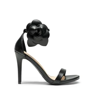 DREAM PAIRS Women's High Heels Flower Ankle Strap Stilettos Round Open Toe Dressy Sexy Sandals,Size 9,Black-Pu,KARRIE