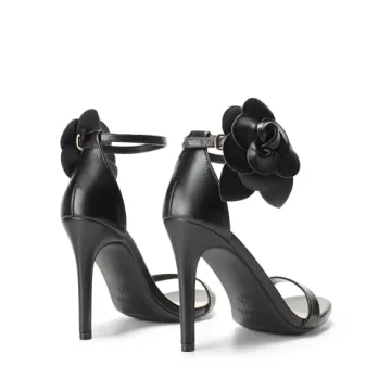 DREAM PAIRS Women's High Heels Flower Ankle Strap Stilettos Round Open Toe Dressy Sexy Sandals,Size 9,Black-Pu,KARRIE