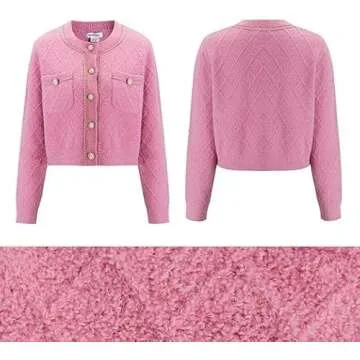 URBAN REVIVO Women's Knit Cardigan Sweaters Casual Long Sleeve Open Front Button Down Cropped Jackets Pink X-Small