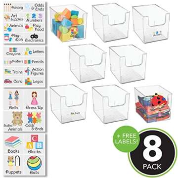 mDesign Open Front Plastic Toy Storage Organizer Bin with Labels - Container for Nursery, Kids Bedroom, Drawer, Dresser, or Playroom Closet - Ligne Collection - Includes 8 Bins + 24 Labels - Clear