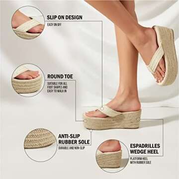 Womens Espadrilles Wedge Sandals Round Open Toe Non Slip Summer Dressy Beach Platform Sandals Comfy Flip Flops
