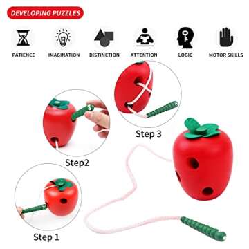 Early Development Toys Wooden Lacing Toys, Montessori Activity Caterpillars Eat Apple and Kids Chees...