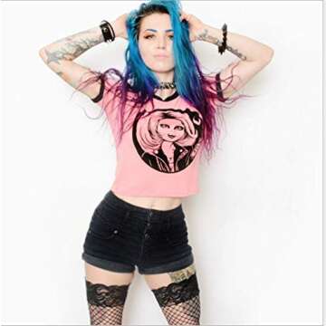 Womens Crop Tops Summer Casual Short Sleeve Goth Halloween Print Cropped T Shirts (Pink Chunky Doll 002,S)