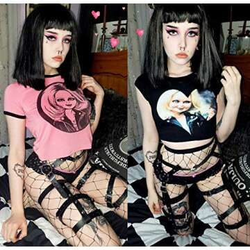Womens Crop Tops Summer Casual Short Sleeve Goth Halloween Print Cropped T Shirts (Pink Chunky Doll 002,S)