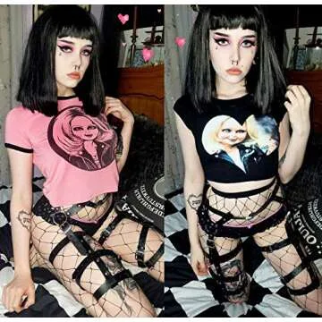 Womens Crop Tops Summer Casual Short Sleeve Goth Halloween Print Cropped T Shirts (Pink Chunky Doll 002,S)