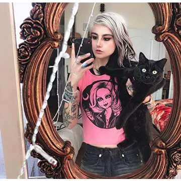 Womens Crop Tops Summer Casual Short Sleeve Goth Halloween Print Cropped T Shirts (Pink Chunky Doll 002,S)